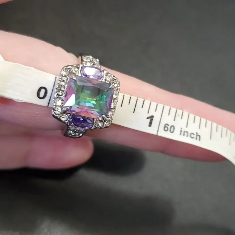 Silver tone rainbow rhinestone ring